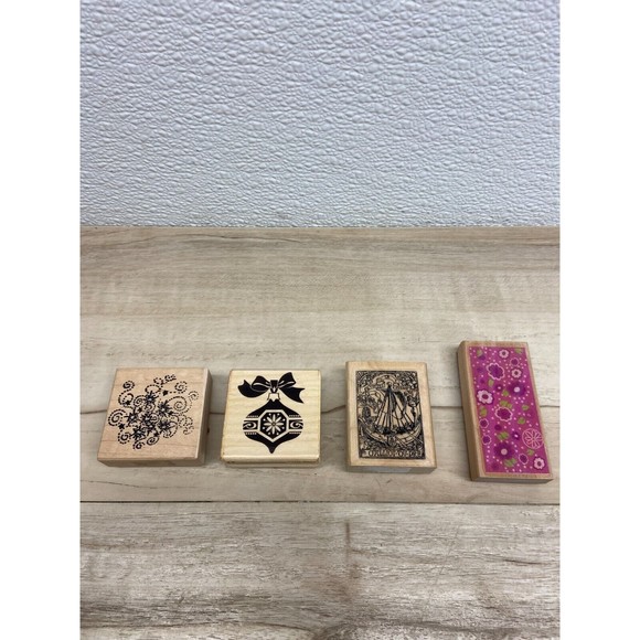 Mixed Brands Set Of 4 Wood Mounted Rubber Stamps Art - Picture 1 of 3